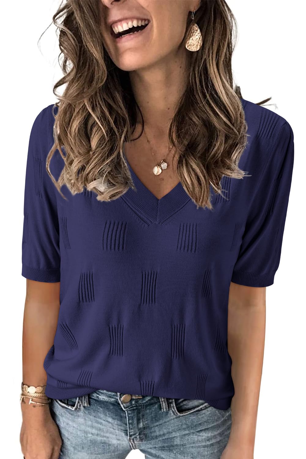 Arach&Cloz Women's Tops 2025 Spring Summer Short Sleeve Sweater Fashion Trendy Dressy Casual Outfit Versatile Knit Blouse
