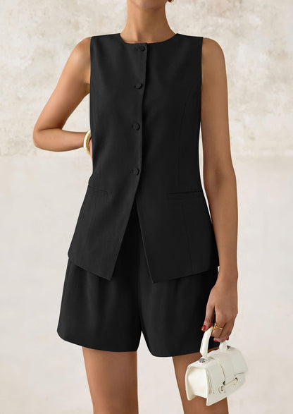 PRETTYGARDEN Women's 2 Piece Sets 2025 Summer Trendy Button Down Suit Vest Tops High Waisted Shorts Business Casual Outfits