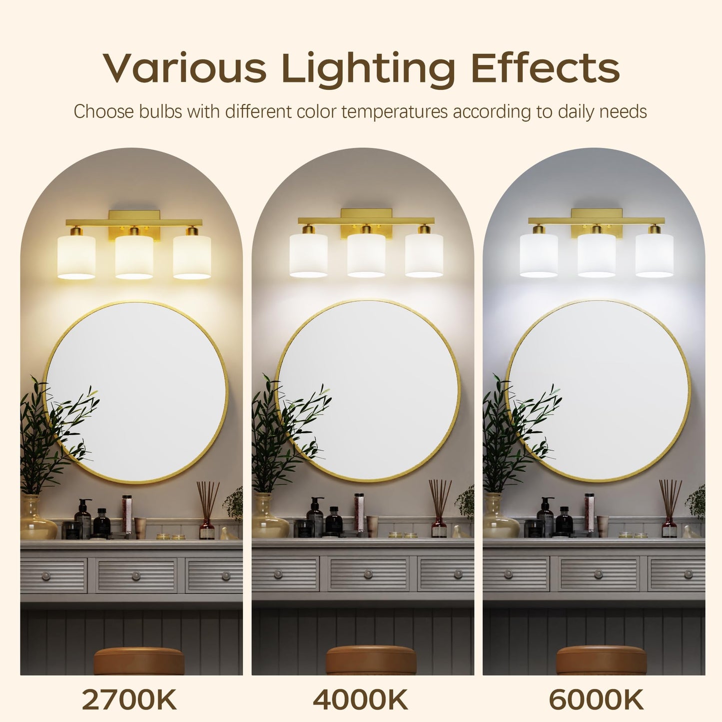 PARTPHONER Bathroom Light Fixtures, Bathroom Lighting Fixtures Over Mirror, Interior Classic Vanity Lights, Modern Bathroom Vanity Light with Textured White Glass Shade, Brushed Nickel, 3-Light