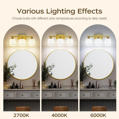 PARTPHONER Bathroom Light Fixtures, Bathroom Lighting Fixtures Over Mirror, Interior Classic Vanity Lights, Modern Bathroom Vanity Light with Textured White Glass Shade, Brushed Nickel, 3-Light