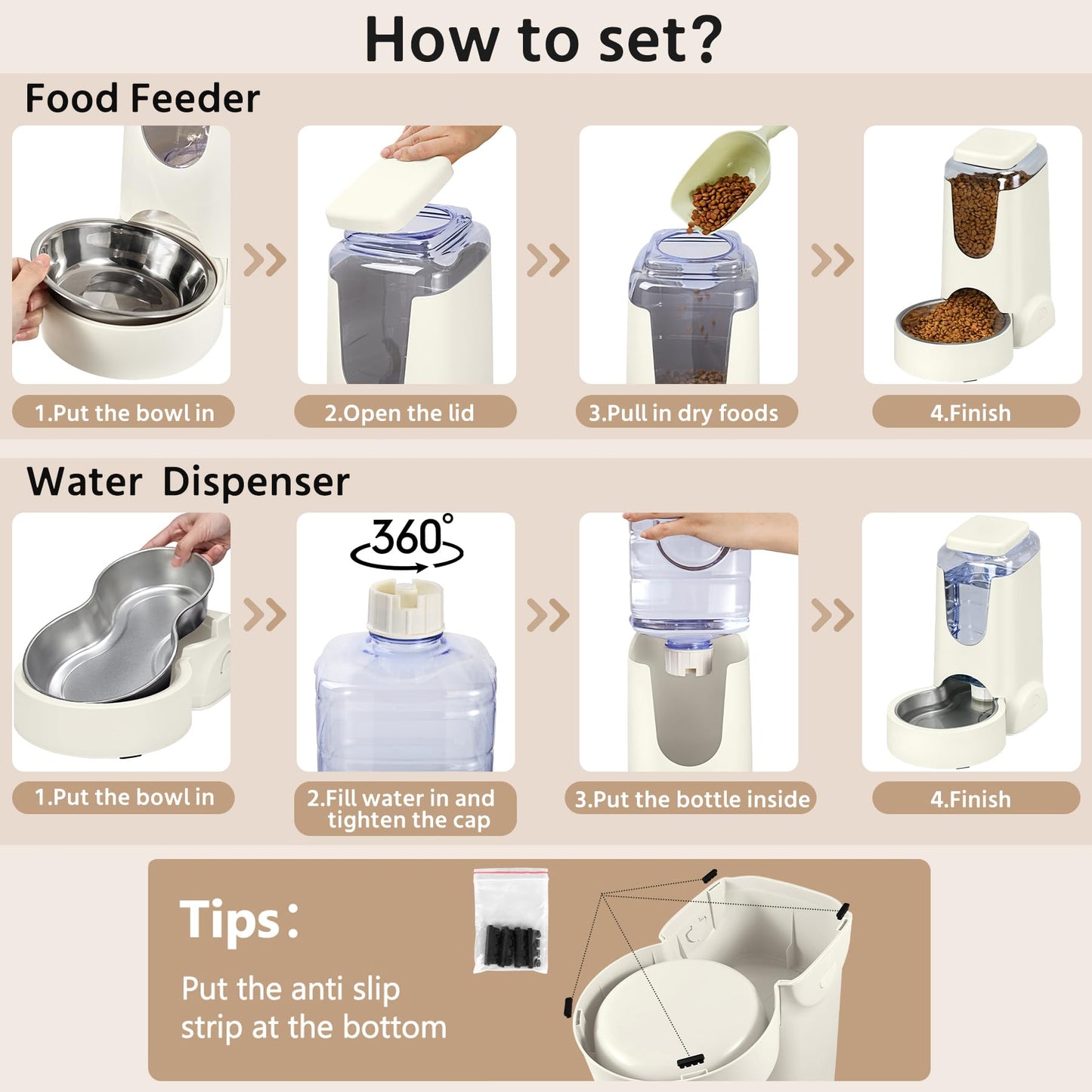 2 Pack Automatic Cat Feeder and Stainless Steel Water Dispenser, Gravity Dog Waterer Set Food Feeder and Waterer Set for Small Medium Kitten Puppy Pets(1 Gallon x 2, Charcoal Gray)