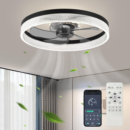 20‘’ Ceiling Fan with Light, Upgraded Low Profile Fan, Flush Mount Ceiling Fan, 6 Speeds, Dimmable LED, App & Remote Control, Quiet DC Motor, for Bedroom, Living Room, F115 White