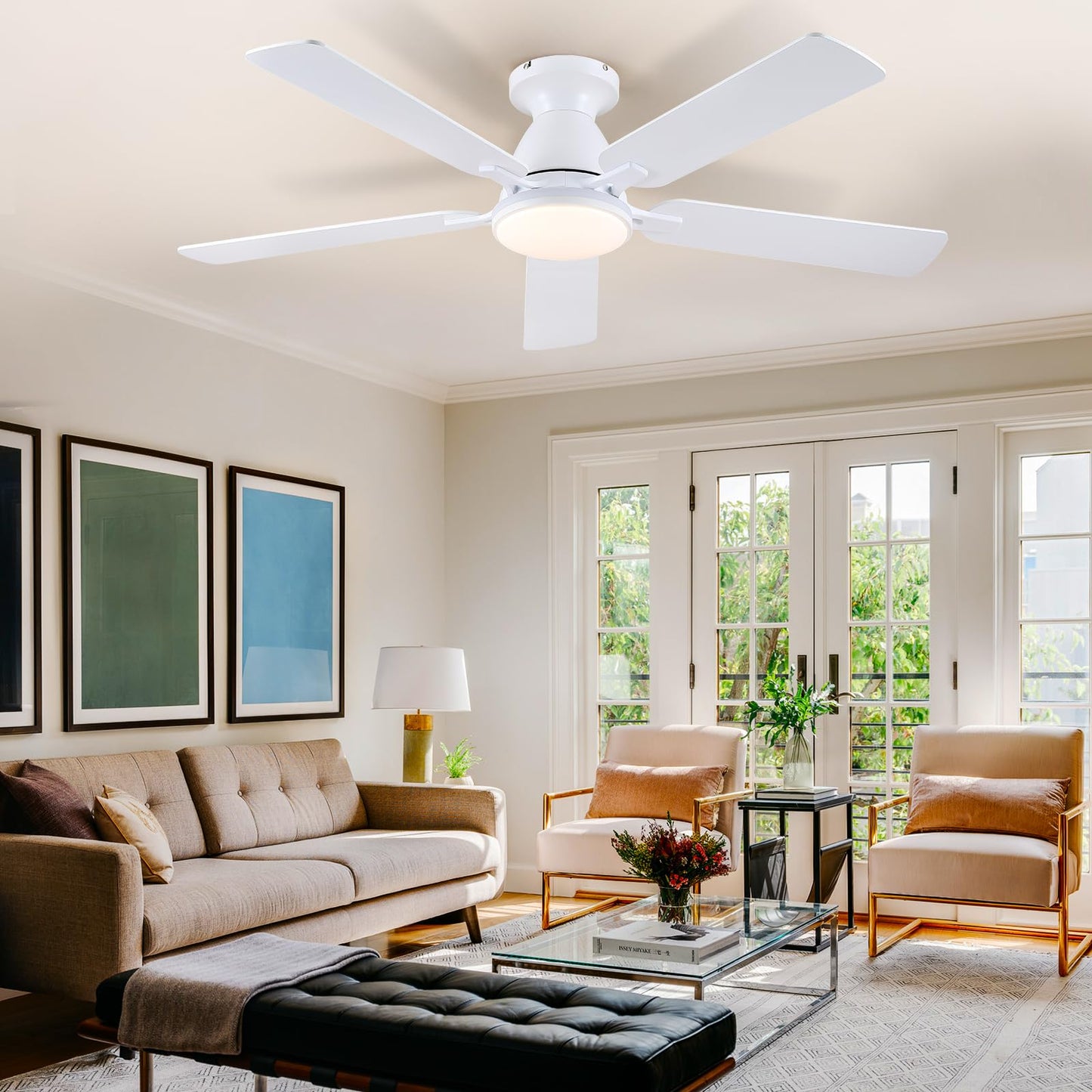 Ceiling Fans with Lights- 52" Low Profile Indoor Ceiling Fan with Light and Remote/APP Control, Flush Mount, LED Dimmable DC Reversible Modern Ceiling Fan for Bedroom（Black）