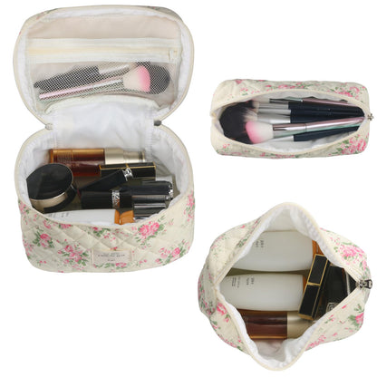 Cute Makeup Bag for Women(2 Pcs), Travel Cosmetic Bags, Quilted Coquette Aesthetic Floral Toiletry Organizer Bag (NavyBlue Flower)