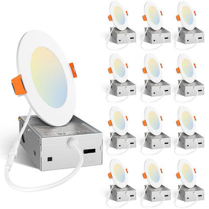 Amico 12 Pack 6 Inch 5CCT Ultra-Thin LED Recessed Ceiling Light with Junction Box, 1050LM Brightness, Dimmable Canless Wafer Downlight, 12W, ETL&FCC