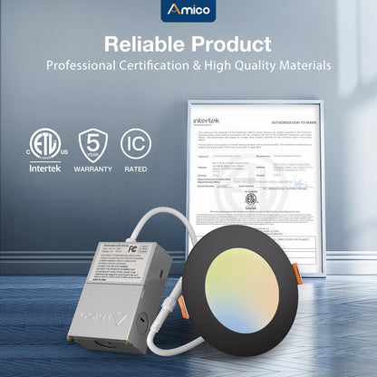 Amico 12 Pack 6 Inch 5CCT Ultra-Thin LED Recessed Ceiling Light with Junction Box, 1050LM Brightness, Dimmable Canless Wafer Downlight, 12W, ETL&FCC