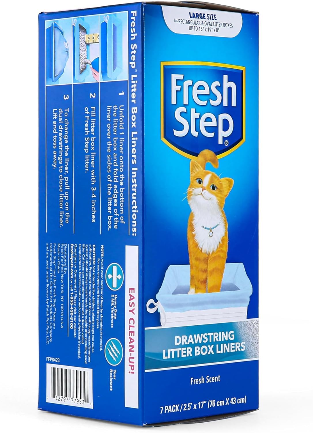 Fresh Step Drawstring Cat Litter Box Liners, Unscented, Size Jumbo, 36" x 19" | Kitty Litter Bags - 15 Count - Cat Litter Liners for Rectangle or Oval Large Litterboxes