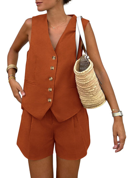 PRETTYGARDEN Women's Summer 2 Piece Outfits Sleeveless Matching Sets Button Down V Neck Vest Waistcoat and Pockets Shorts