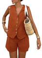PRETTYGARDEN Women's Summer 2 Piece Outfits Sleeveless Matching Sets Button Down V Neck Vest Waistcoat and Pockets Shorts