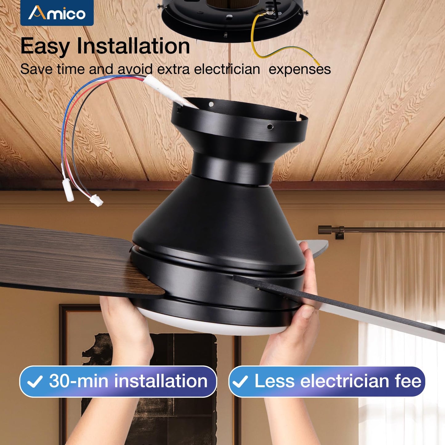 Amico Ceiling Fans with Lights, 42 inch Low Profile Ceiling Fan with Light and Remote Control, Flush Mount, Reversible, 3CCT, Dimmable, Noiseless, White Ceiling Fan for Bedroom, Indoor/Outdoor Use