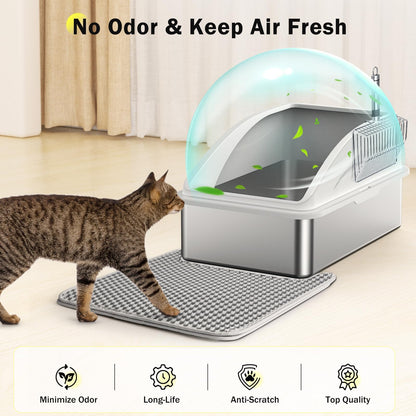 Stainless Steel Cat Litter Box, Extra Large Litter Boxes for Big Cats, Anti-Urine Leakage XL Litter Box with High Sides, Xlarge Metal Litter Box with Lid, Easy Clean, Non-Sticky, Cat Mat & Metal Scoop