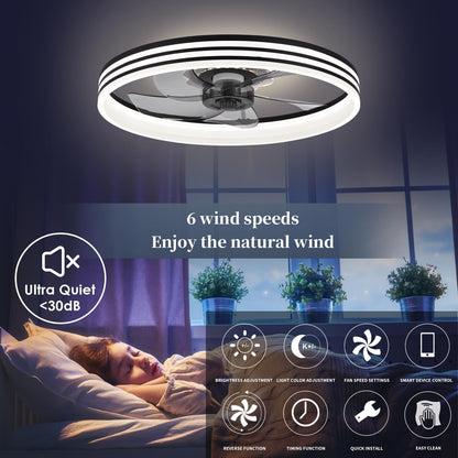 20‘’ Ceiling Fan with Light, Upgraded Low Profile Fan, Flush Mount Ceiling Fan, 6 Speeds, Dimmable LED, App & Remote Control, Quiet DC Motor, for Bedroom, Living Room, F115 White
