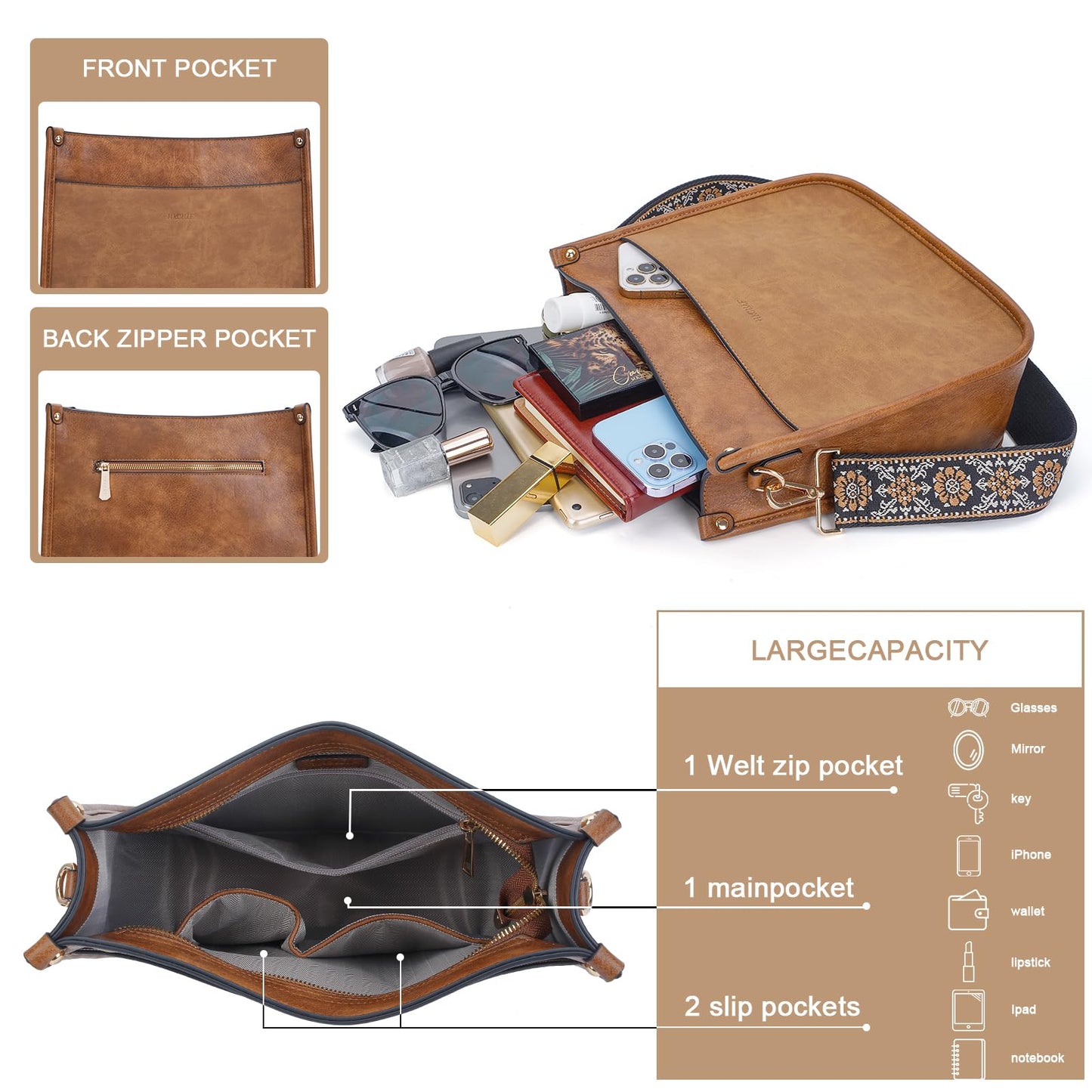 HKCLUF Crossbody Bags for Women Trendy Vegan Leather Hobo Handbags With 2PCS Adjustable Guitar Strap Shoulder Bucket Bags