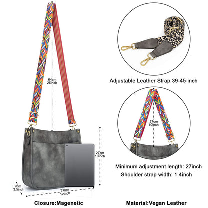 HKCLUF Crossbody Bags for Women Trendy Vegan Leather Hobo Handbags With 2PCS Adjustable Guitar Strap Shoulder Bucket Bags