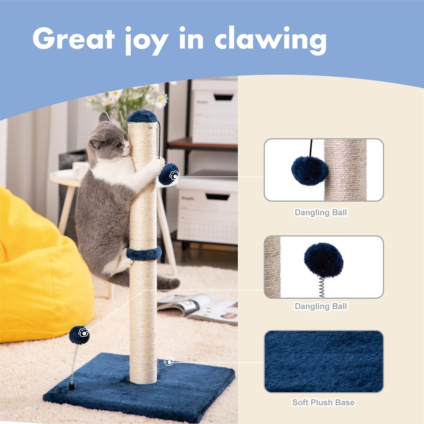 Cat Scratching Post Premium Basics Kitten Scratcher Sisal Scratch Posts with Hanging Ball 22in for Kittens or Smaller Cats (22 inches for Kitten, Beige)