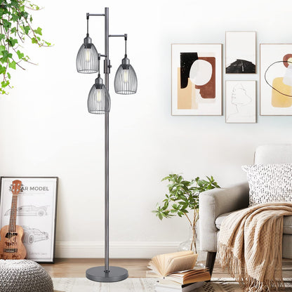 Dimmable Industrial Floor Lamps for Living Room, Gold Tree Standing Tall Lamps with 3 Elegant Teardrop Cage Head & 800 Lumens LED Bulbs for Bedroom Office