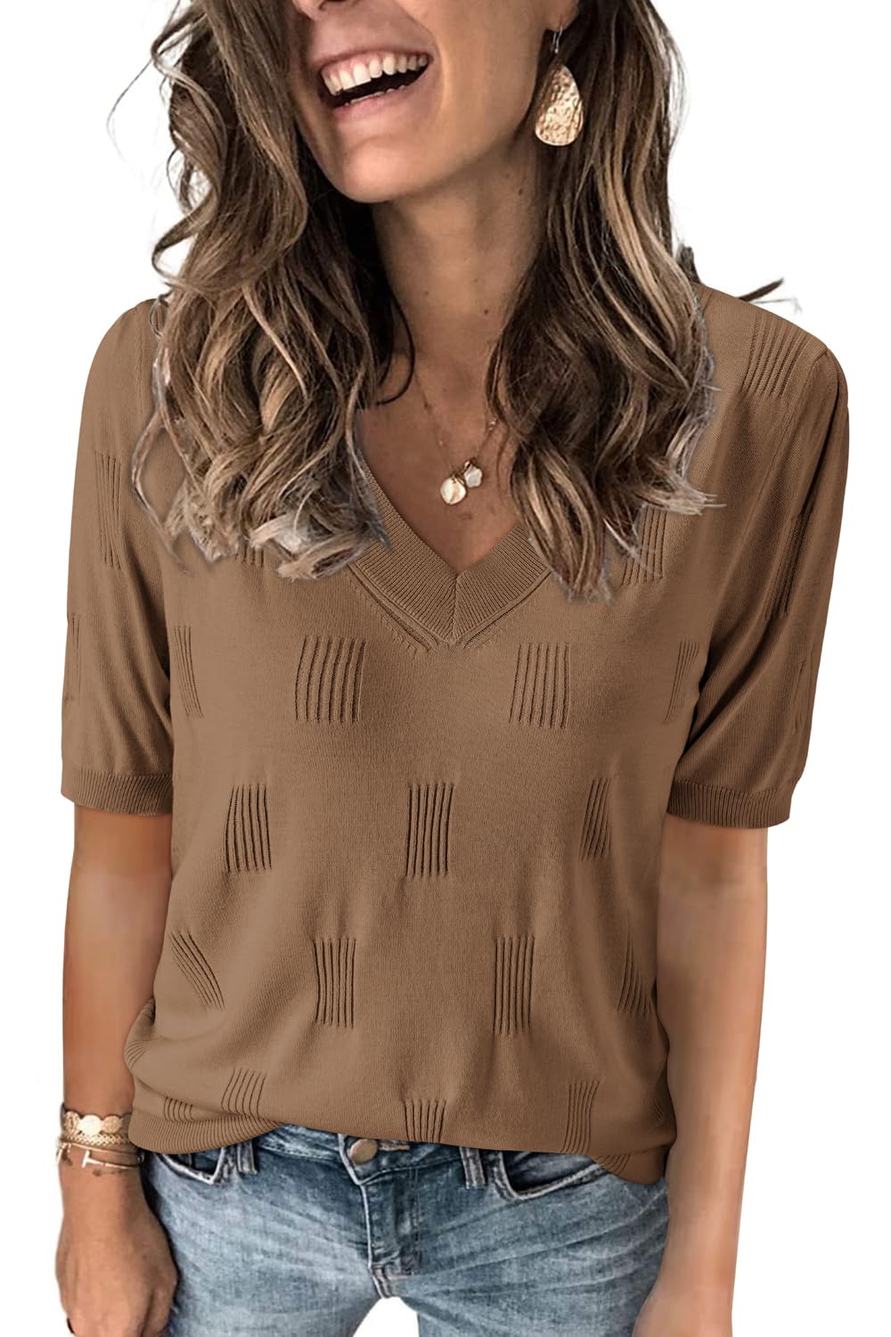 Arach&Cloz Women's Tops 2025 Spring Summer Short Sleeve Sweater Fashion Trendy Dressy Casual Outfit Versatile Knit Blouse