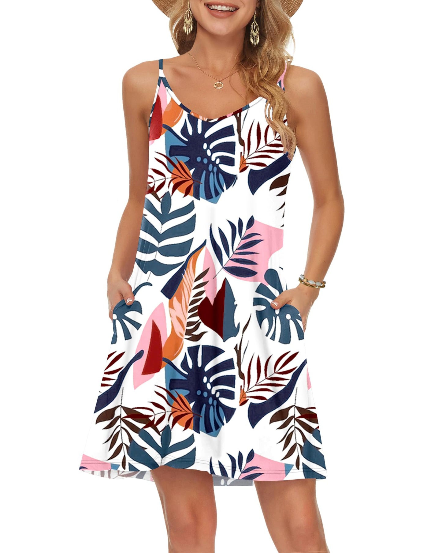 MISFAY Women's Summer Spaghetti Strap Casual Swing Tank Beach Cover Up Dress with Pockets