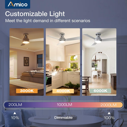 Amico Ceiling Fans with Lights, 42 inch Low Profile Ceiling Fan with Light and Remote Control, Flush Mount, Reversible, 3CCT, Dimmable, Noiseless, White Ceiling Fan for Bedroom, Indoor/Outdoor Use