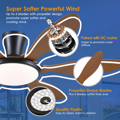 Ceiling Fans with Lights, 51 inch Modern Black Low Profile Ceiling Fan with Light and Remote App Control, Flush Mount, Quiet DC Reversible, Dim Led Ceiling Fan 6 Blade Softer Wind Indoor/Outdoor Patio