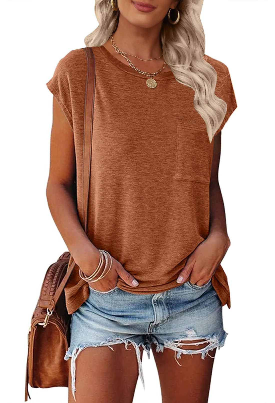 MEROKEETY Women's Casual Cap Sleeve T Shirts Basic Summer Tops Loose Solid Color Blouse