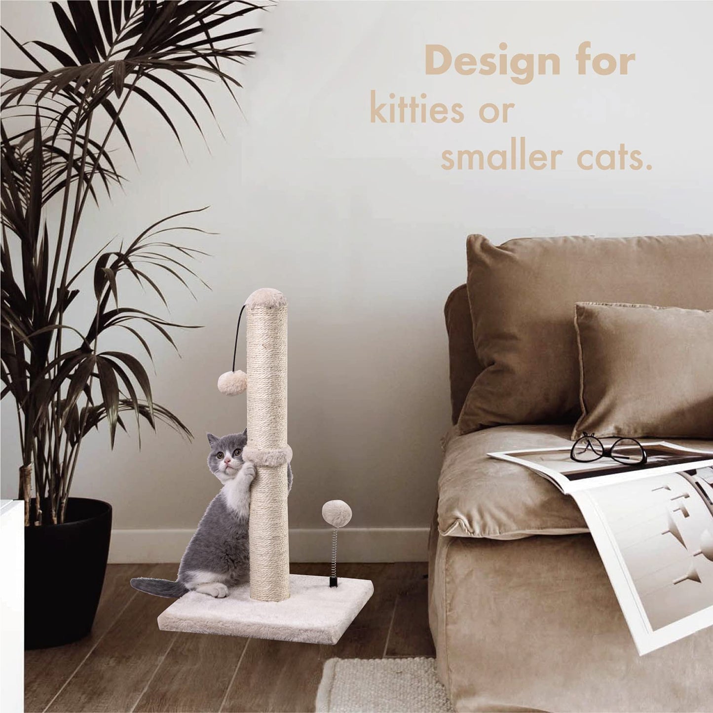 Cat Scratching Post Premium Basics Kitten Scratcher Sisal Scratch Posts with Hanging Ball 22in for Kittens or Smaller Cats (22 inches for Kitten, Beige)