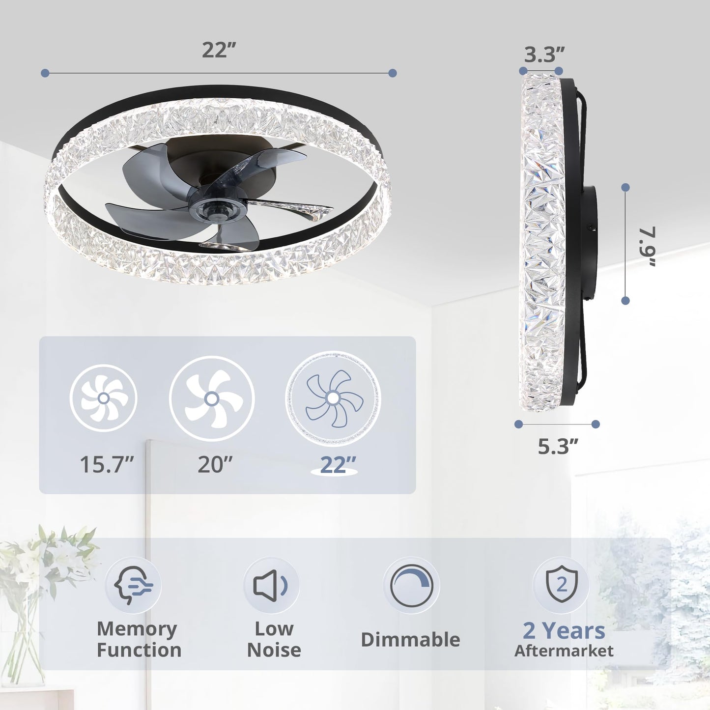 LEDIARY 20" Modern Ceiling Fans with Lights and Remote, Dimmable Low Profile Ceiling Fan, Flush Mount Ceiling Fan, Stepless Color Temperature Change and 6 Speeds - White
