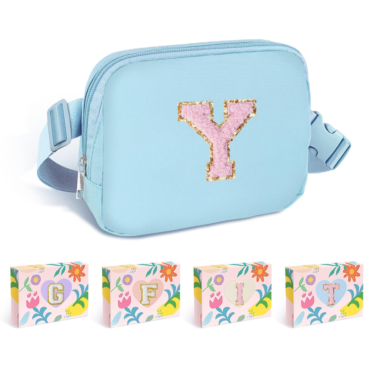 COSHAYSOO Pink Belt Bag Small Waist Fanny Pack Mini Crossbody Purse with Initial Preppy Letter Patch for Teen Girl Women Workout, Cross Body Chest Pouch Trending Birthday Gift Idea (S)