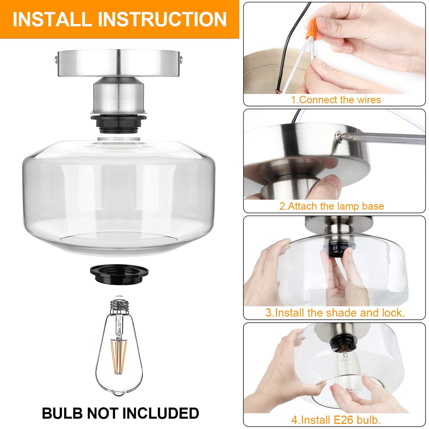 MAXvolador Industrial Semi Flush Mount Ceiling Light, Clear Glass Pendant Lamp Shade, Farmhouse Lighting for Hallway, Vintage Hanging Light Fixtures