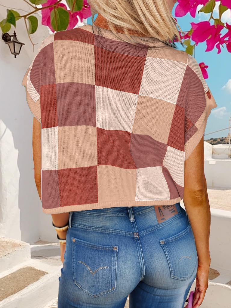 Womens Spring Crop Tops 2025 Cap Short Sleeve Sweater Vest Tank Loose Shirts Business Vacation Outfits Trendy Fall Summer Top