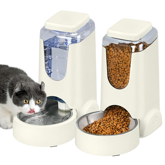 2 Pack Automatic Cat Feeder and Stainless Steel Water Dispenser, Gravity Dog Waterer Set Food Feeder and Waterer Set for Small Medium Kitten Puppy Pets(1 Gallon x 2, Charcoal Gray)