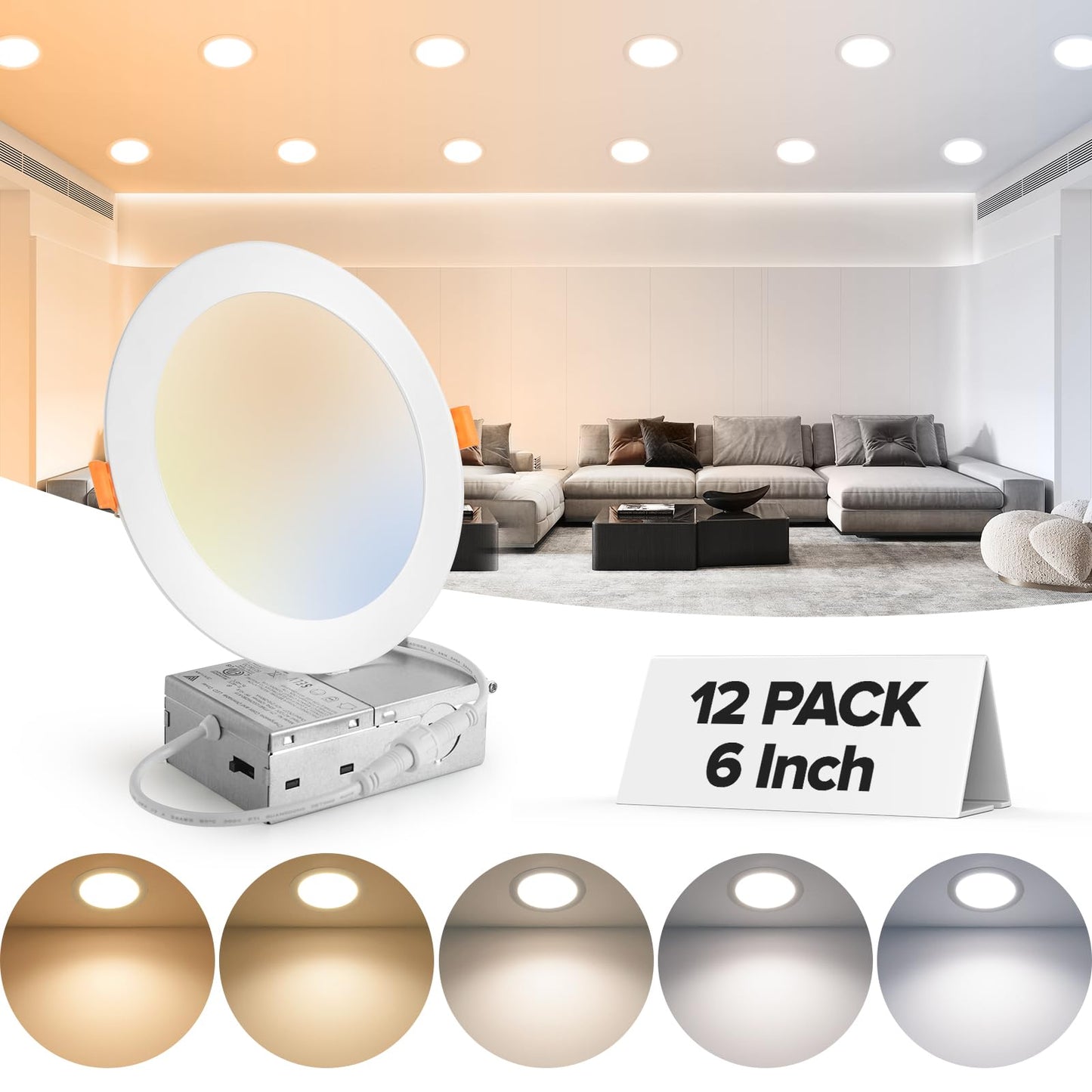 24 Pack 6 Inch 5CCT Ultra-Thin LED Recessed Ceiling Light with Junction Box, 2700K-5000K Selectable, 1050LM High Brightness, 0%-100% Dimmable Canless Wafer Downlight, 12W 120V, ETL