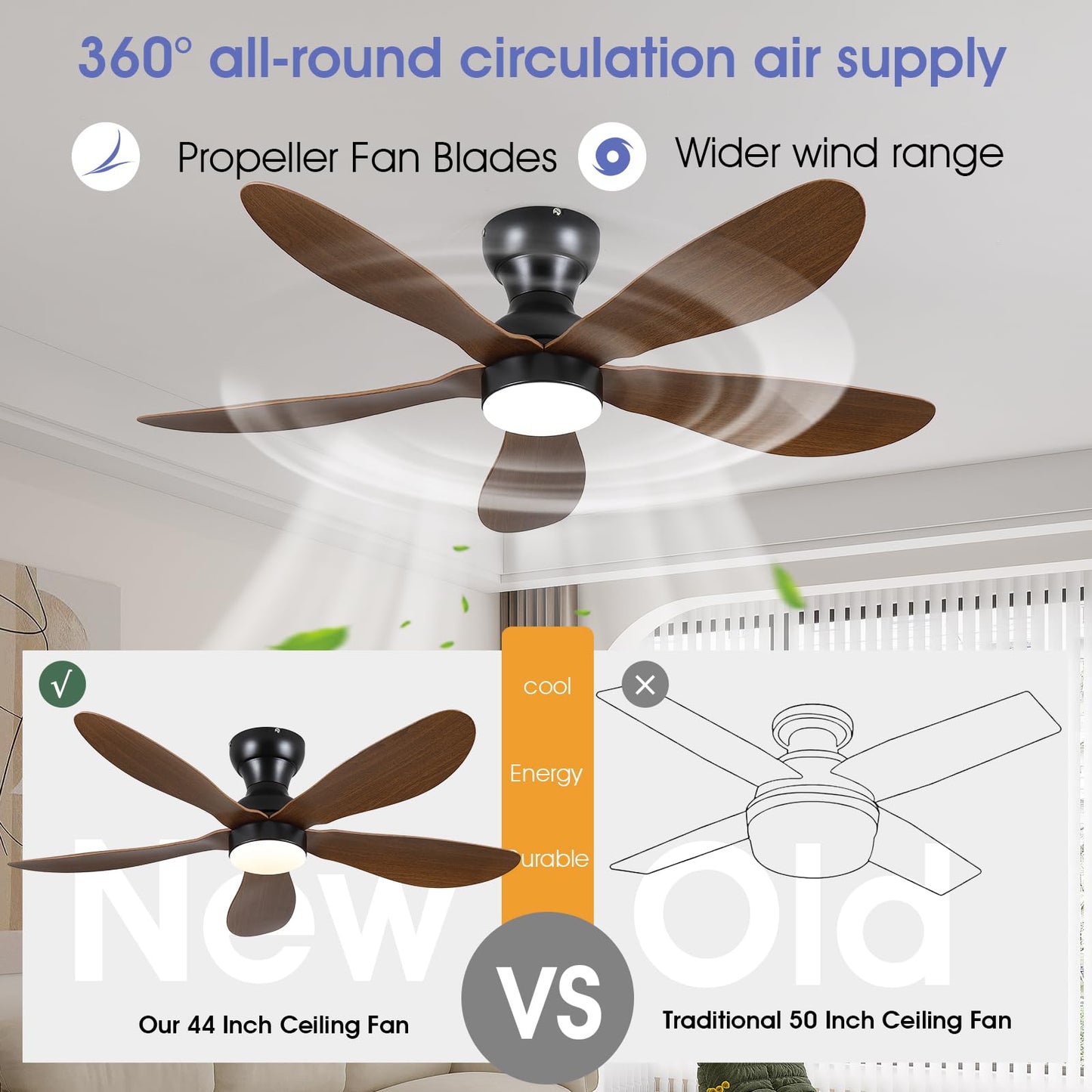 Ceiling Fans with Lights and Remote/APP Control, 30 inch Low Profile Ceiling Fans with 5 Reversible Blades 3 Colors Dimmable 6 Speeds Ceiling Fan for Bedroom Kids Room Dining Room, Black