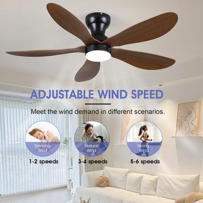 Ceiling Fans with Lights and Remote/APP Control, 30 inch Low Profile Ceiling Fans with 5 Reversible Blades 3 Colors Dimmable 6 Speeds Ceiling Fan for Bedroom Kids Room Dining Room, Black