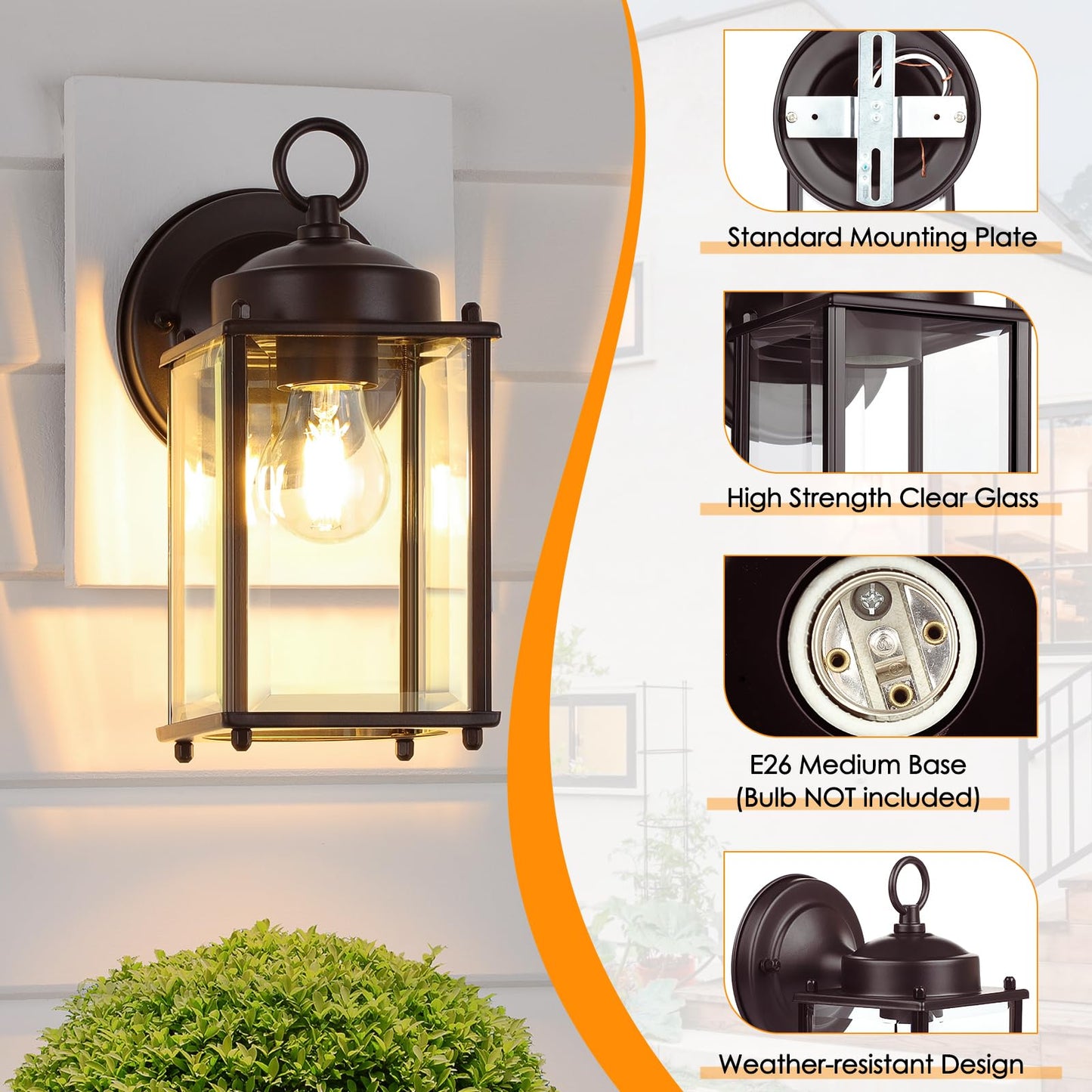 Outdoor Wall Lantern, Exterior Waterproof Wall Sconce Light Fixtures, Black Front Door Wall Lighting with Clear Beveled Glass Shade, 2 Pack