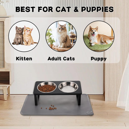 Upgraded Elevated Cat Bowls with Food Mat,15°Tilted Stand Anti Vomiting Raised Cat Dishes for Food and Water,2 Stainless Steel Bowls for Cats and Puppy