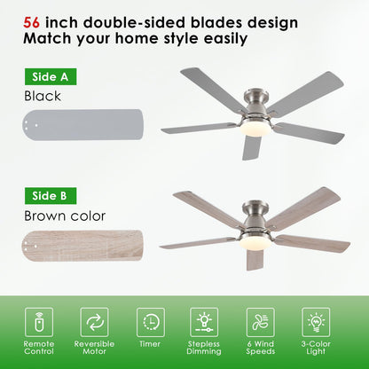 Ceiling Fans with Lights- 46" Low Profile Indoor Ceiling Fan with Light and Remote/APP Control, Flush Mount, LED Dimmable DC Reversible Modern Ceiling Fan for Bedroom（Black）