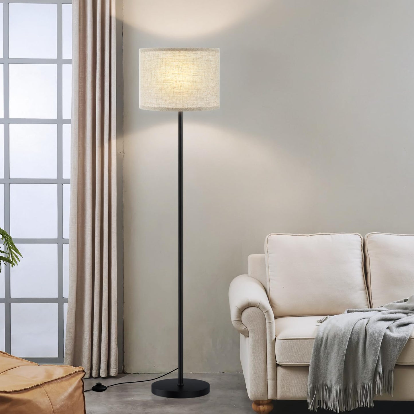Modern Floor Lamp Simple Design with White Shade, Foot Pedal Switch, 60" Small Tall Lamps for Living Room Bedroom Office Dining Room Kitchen, Black Pole Lamp(Without Bulb)