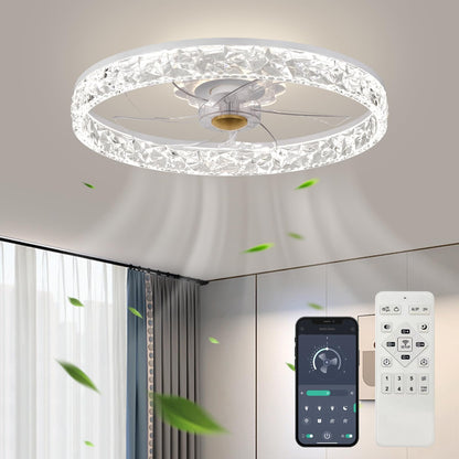 20‘’ Ceiling Fan with Light, Upgraded Low Profile Fan, Flush Mount Ceiling Fan, 6 Speeds, Dimmable LED, App & Remote Control, Quiet DC Motor, for Bedroom, Living Room, F115 White