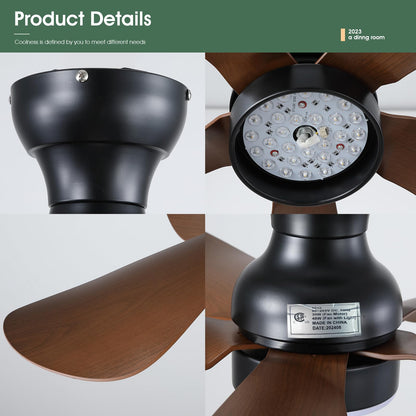 Ceiling Fans with Lights and Remote/APP Control, 30 inch Low Profile Ceiling Fans with 5 Reversible Blades 3 Colors Dimmable 6 Speeds Ceiling Fan for Bedroom Kids Room Dining Room, Black