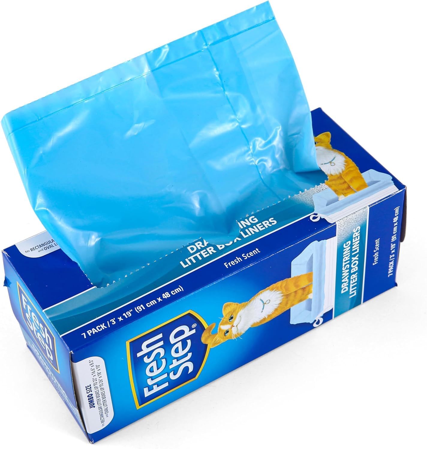 Fresh Step Drawstring Cat Litter Box Liners, Unscented, Size Jumbo, 36" x 19" | Kitty Litter Bags - 15 Count - Cat Litter Liners for Rectangle or Oval Large Litterboxes