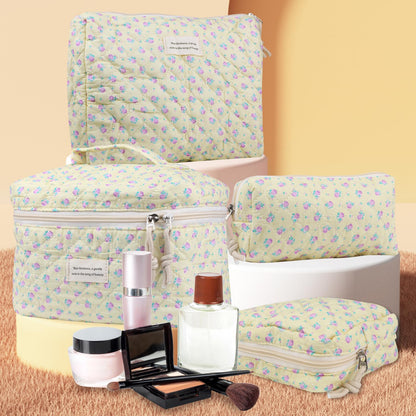Cute Makeup Bag for Women(2 Pcs), Travel Cosmetic Bags, Quilted Coquette Aesthetic Floral Toiletry Organizer Bag (NavyBlue Flower)