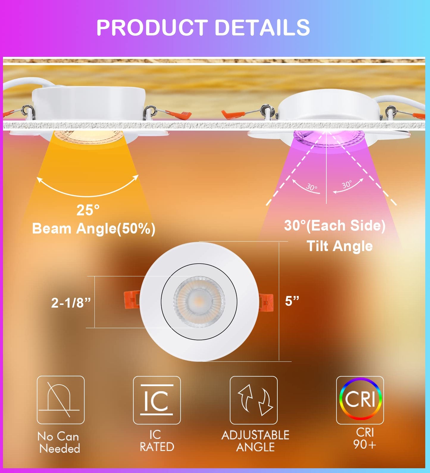 Cloudy Bay Eyeball 5 Color 4 inch Gimbal LED Recessed Light with Junction Box,9.5W CRI90+ 2700K/3000K/3500K/4000K/5000K Selectable,Dimmable Canless Ceiling Spot Light,Damp Location,Black,Pack of 6