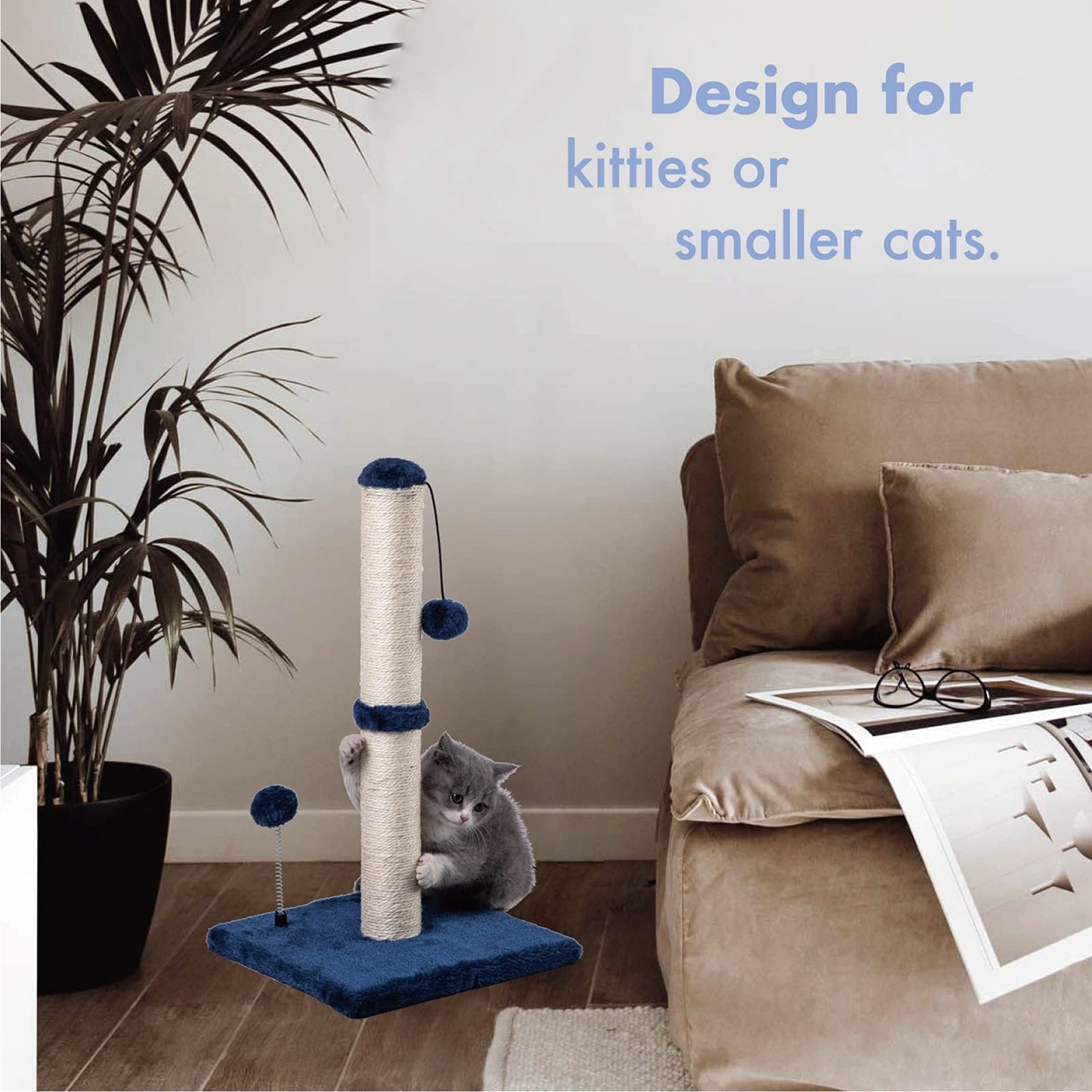 Cat Scratching Post Premium Basics Kitten Scratcher Sisal Scratch Posts with Hanging Ball 22in for Kittens or Smaller Cats (22 inches for Kitten, Beige)