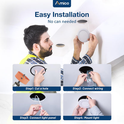 Amico 12 Pack 6 Inch 5CCT Ultra-Thin LED Recessed Ceiling Light with Junction Box, 1050LM Brightness, Dimmable Canless Wafer Downlight, 12W, ETL&FCC
