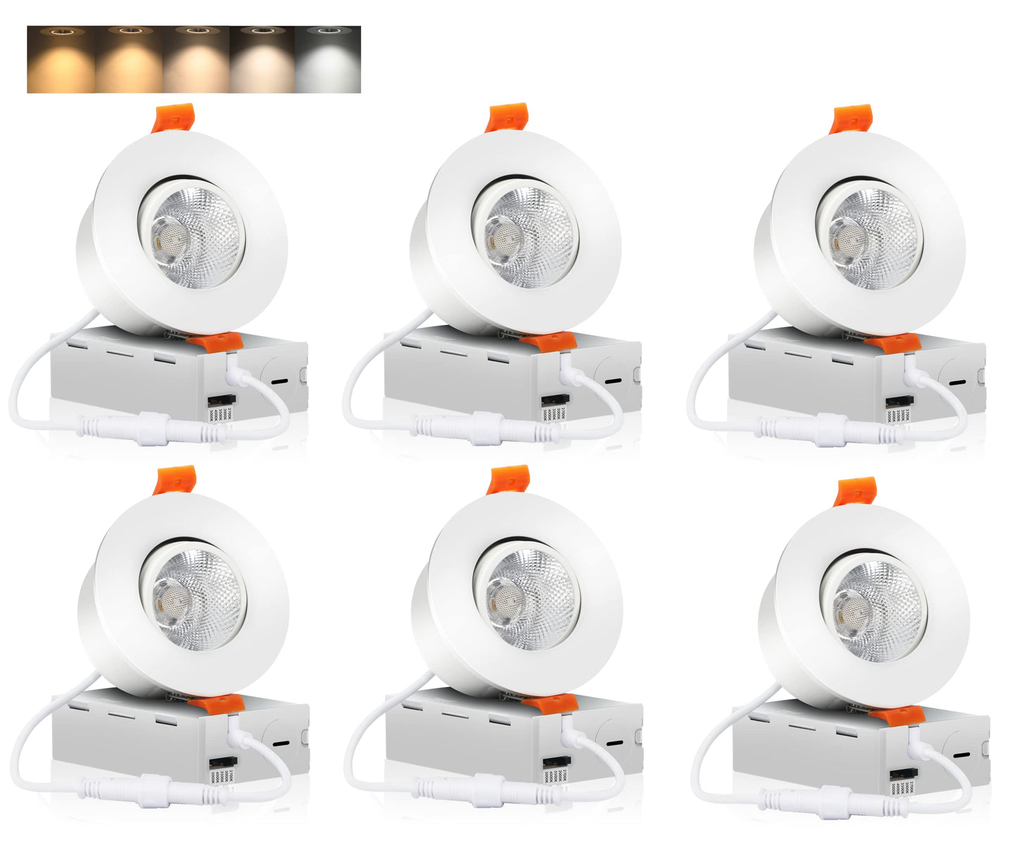 Cloudy Bay Eyeball 5 Color 4 inch Gimbal LED Recessed Light with Junction Box,9.5W CRI90+ 2700K/3000K/3500K/4000K/5000K Selectable,Dimmable Canless Ceiling Spot Light,Damp Location,Black,Pack of 6
