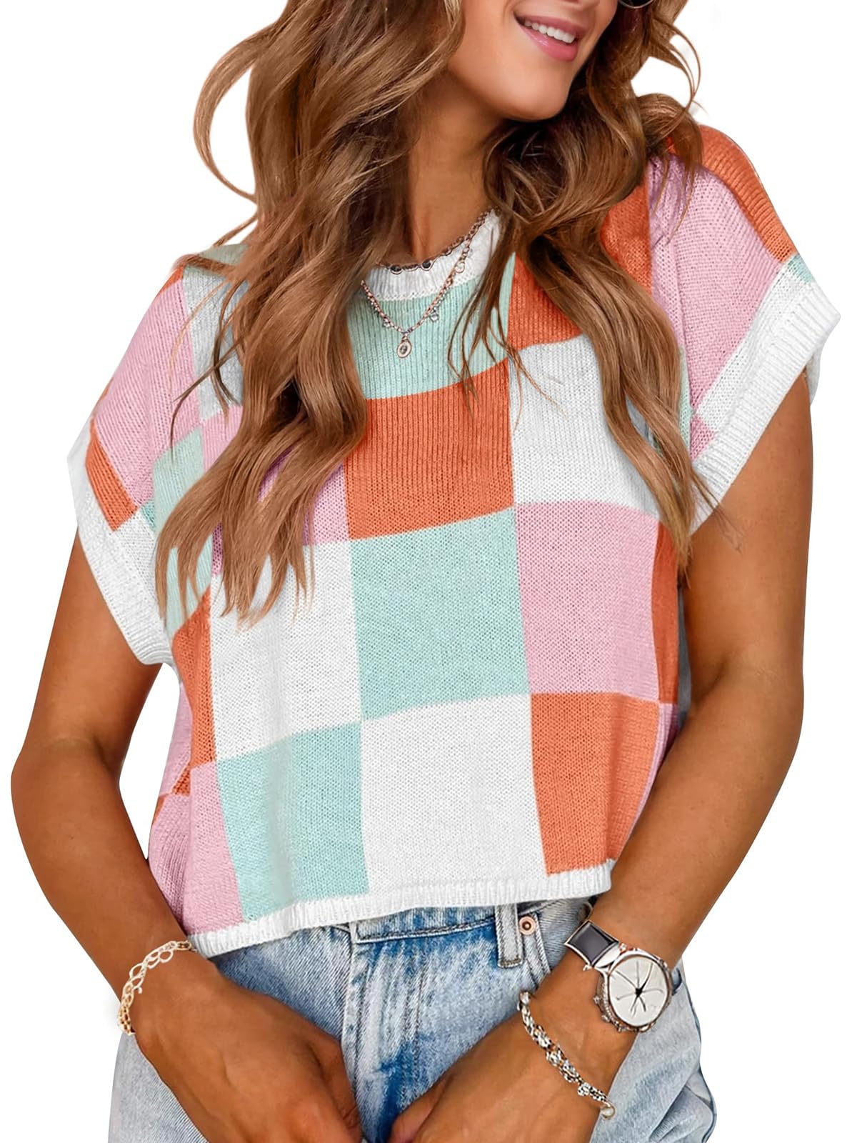Womens Spring Crop Tops 2025 Cap Short Sleeve Sweater Vest Tank Loose Shirts Business Vacation Outfits Trendy Fall Summer Top