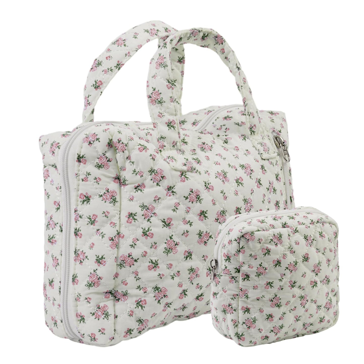 Cute Makeup Bag for Women(2 Pcs), Travel Cosmetic Bags, Quilted Coquette Aesthetic Floral Toiletry Organizer Bag (NavyBlue Flower)