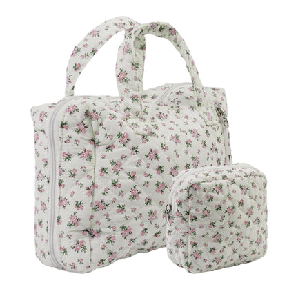 Cute Makeup Bag for Women(2 Pcs), Travel Cosmetic Bags, Quilted Coquette Aesthetic Floral Toiletry Organizer Bag (NavyBlue Flower)