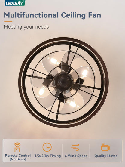 LEDIARY 16.5 inch Black Caged Ceiling Fan with Light, Fandelier Industrial Ceiling Fan with Remote, Farmhouse Fan Lights Ceiling Fixtures for Kitchen, Bedroom, Outdoor（6 Speed, Timing）-Black
